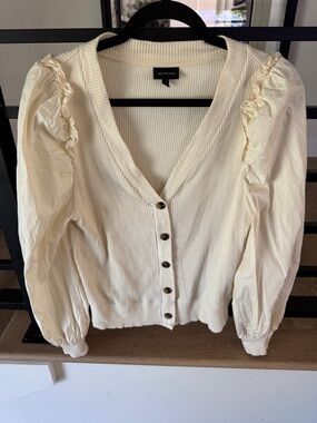 Who What Wear Ribbed V-Neck Button Cardigan with Puff Sleeves - Cream